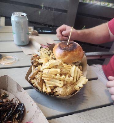 Greek Burger, fries and brussel sprouts