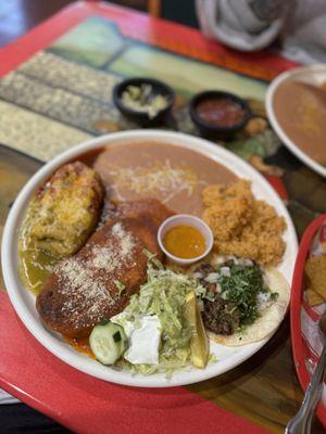 Large combination with relleno, chimichanga and ground beef soft taco