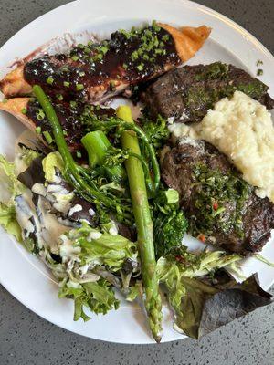 Salmon, steak, mashed potatoes,broccolini, asparagus and green salad