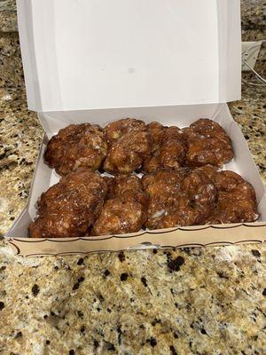 The most delicious apple fritters!!  Heat in the microwave for 15 seconds to taste like freshly made!!