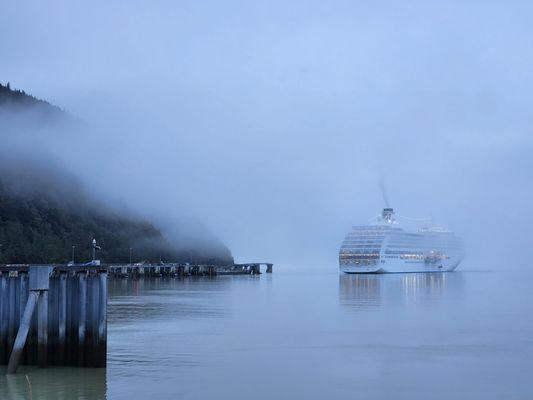 Cruise ship arrives on a misty morning