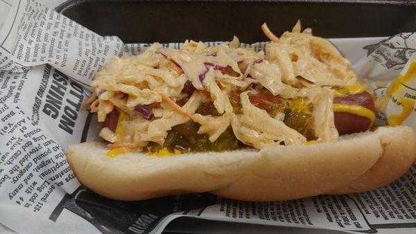 Dawg with Mustard, Relish, Spicy Slaw