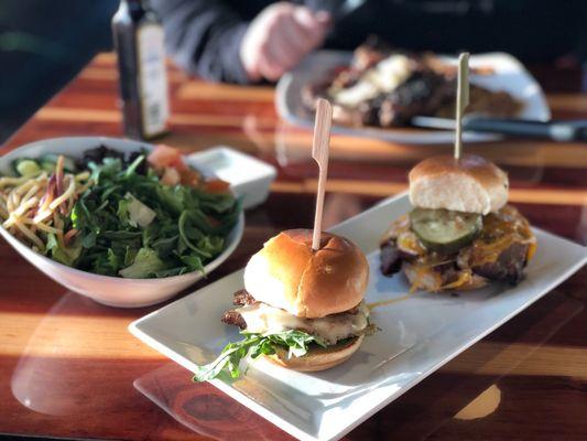 Pork Belly (front), Brisket (back), and a large side salad.