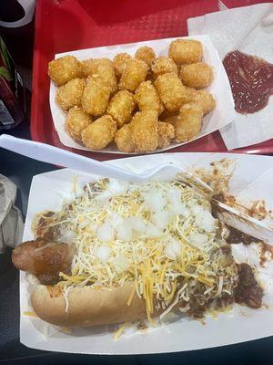 Chili cheese dog and crispy tater tot's .. yum!