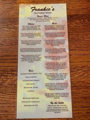 Frankie's Featured Wine Menu