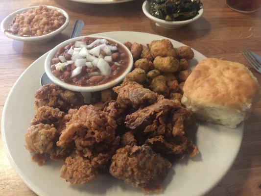 Perfectly Fried Chicken Livers, the same for the Fried Okra, and the biscuit is what you would want it to be!