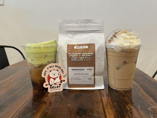 cold brew with pistachio cream, coffee beans, gingerbread latte, sticker