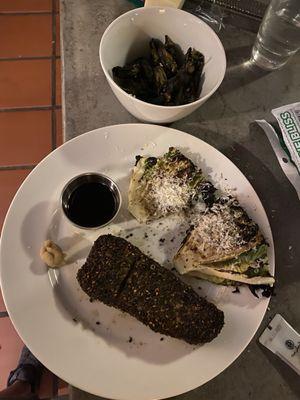 Impromptu dinner for one. Seared furikake crusted tuna, grilled baby gems and fired shishito peppers, all from Canyon Gourmet.