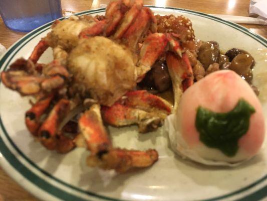 Fried crab, sloppy greasy sesame chicken with mostly fried batter crisps, and a steamed bun of gooey red bean paste deliciousness