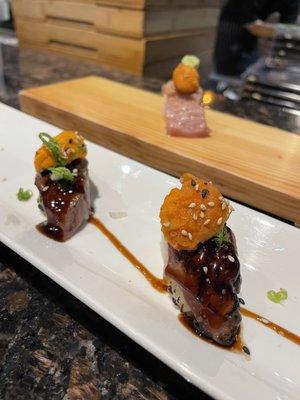 Beef nigiri w/ uni on top