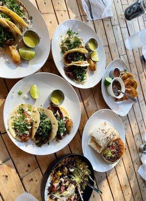 burrito bowl, burrito, carnita taco, steak tacos, Quesabirria Tacos