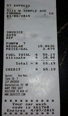 Receipt with no car wash discount