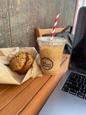 Maple Spice latte, vegan pumpkin cranberry muffin