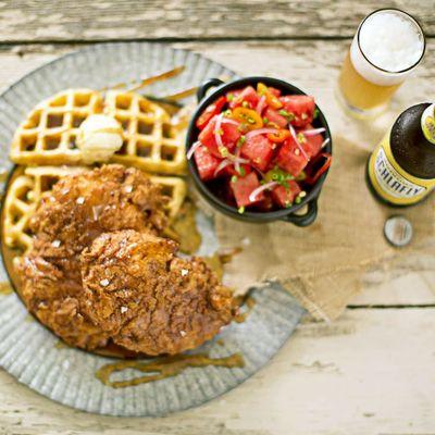 Fried Chicken and Waffles with Tangy Watermelon Salad