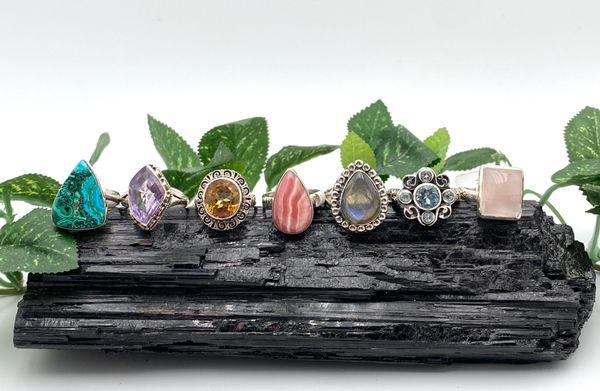 We have a beautiful selection of gemstone rings set in sterling silver.