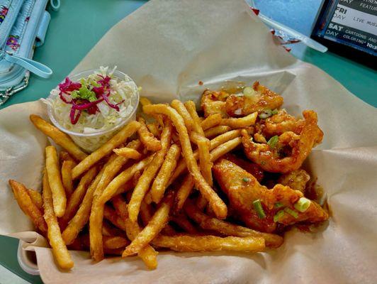 Boneless chicken with Bok Bok House sauce, fries and slaw