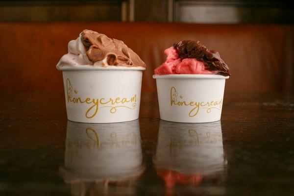 Organic strawberry cream and Valrhona chocolate Grande. Organic Raspberry Sorbetto and Fondente Piccolo.