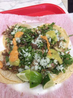 Two Carnitas and two Cecina.  Always try something new and the Carnitas.