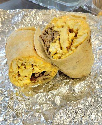 The Morning Mingle Breakfast Burrito - scrambled eggs, choice of meat, melty cheese and crispy hashbrowns in a grilled tortilla