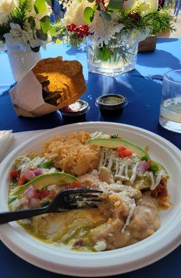 Chicken enchiladas w/green sauce (ok, I took a bite before the photo)