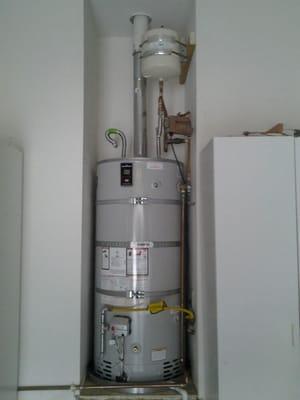 75 gallon Bradford White, ultra low emissions gas water heater with a thermal expansion tank.