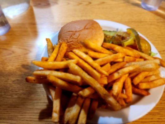 "Small" burger with cheddar cheese, slice of green chile & fries.