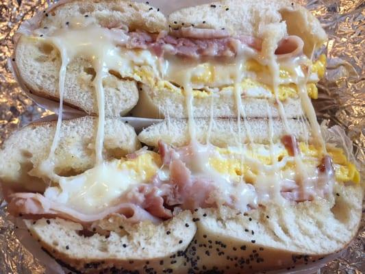 Ham, fried egg, and swiss on poppyseed bagel, toasted. Perfection!