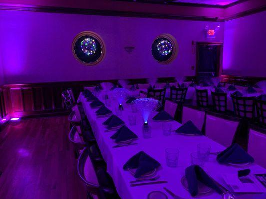 Side room transformed with lighting for a sweet 16