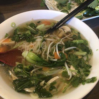 Delicious chicken pho with an added side of steamed veggies.  I love that the chicken is all breast meat.