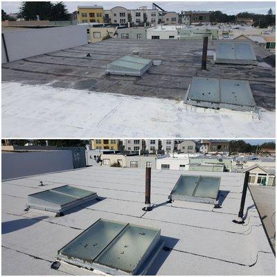 Before the complete removal of the previous roof and after the completion of the new roof.