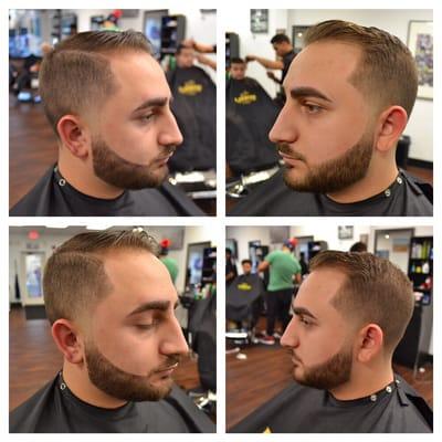 This haircut here was done by owner Manny. Skin taper with a straight edge beard edging.