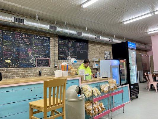 More of the ice cream bar with flavors listed on the blackboard. Ice cream pints and pies in the refrigerator for takeaway looked good!