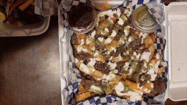 Top view of Carne fries.