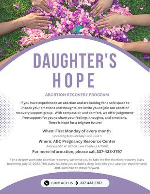 Post Abortion Recovery- support group available here at the center.