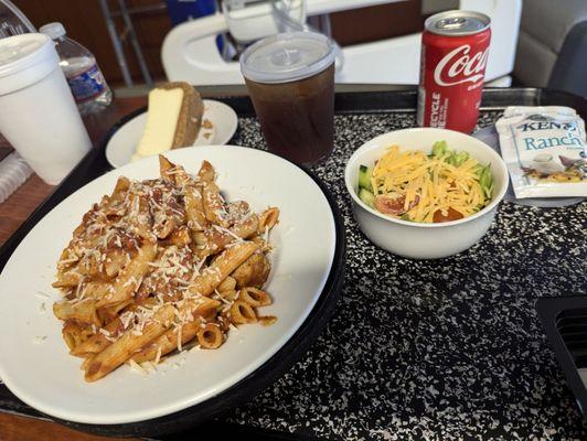 Dinner salad with Ranch, Pasta Marinara with Meatballs and Cheese Cake for dessert!!! The food here is really good!!!