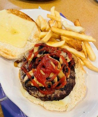 Mushroom Burger with Swiss and fries. Not the deluxe. It wasn't medium rare either