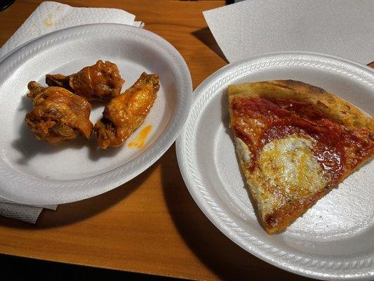 Pepperoni pizza with mozzarella and buffalo wings