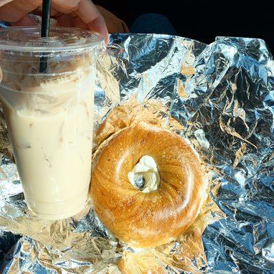 iced chai and french toast bagel with plain cream cheese