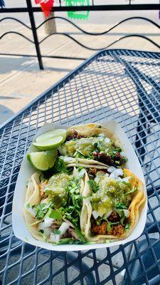 Chorizo, Barbacoa, and Carnitas tacos