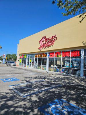 Outside with storefront parking