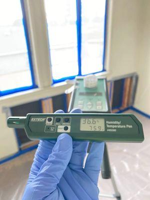 Mold air sample and temp/humidity readings during a mold clearance inspection.