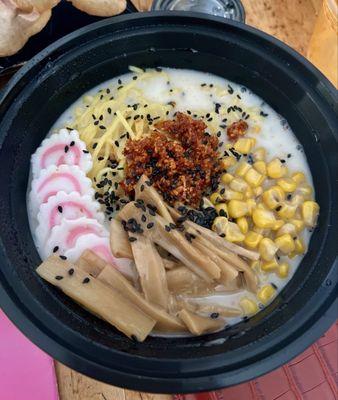 Pick 3 bowl - vegan broth, Narutomaki, Kenna, corn, crunchy garlic, black sesame seeds