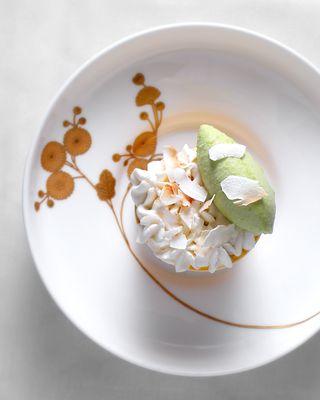 Passion and Coconut Trifle, Mango Mousse, Basil Ice Cream photographed by @damoneats