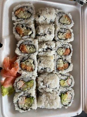 Lunch Express (Any Three Rolls), two spicy tuna rolls and one california.