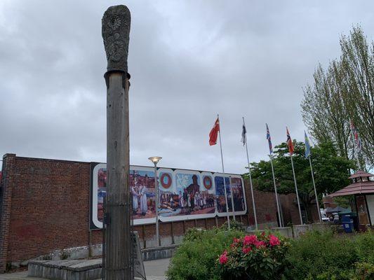 The mural and flags.