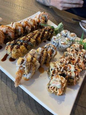 Sweet and sour roll, yaho roll, limo hi roll, Philly roll & wasabi roll.