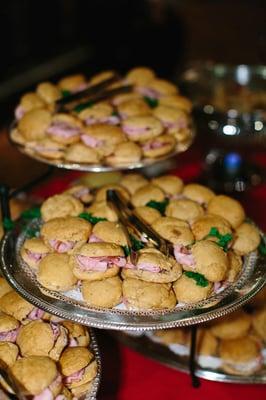 Freshly baked sweet potato biscuits stuffed with ham.