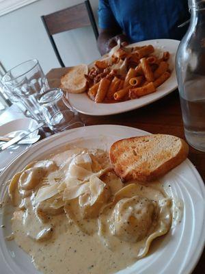 My daughter's cheese ravioli and my husband's hearty meat rigatoni