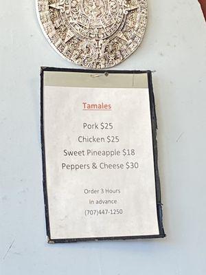 Menu Tamale orders