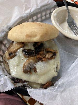 Burger with Swiss cheese and mushrooms